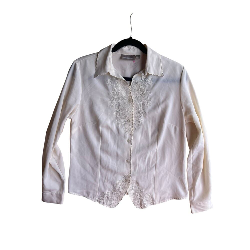 Vintage Croft & Barrow Women's Cream Embroider Retro Secretary Glam Blouse SMALL